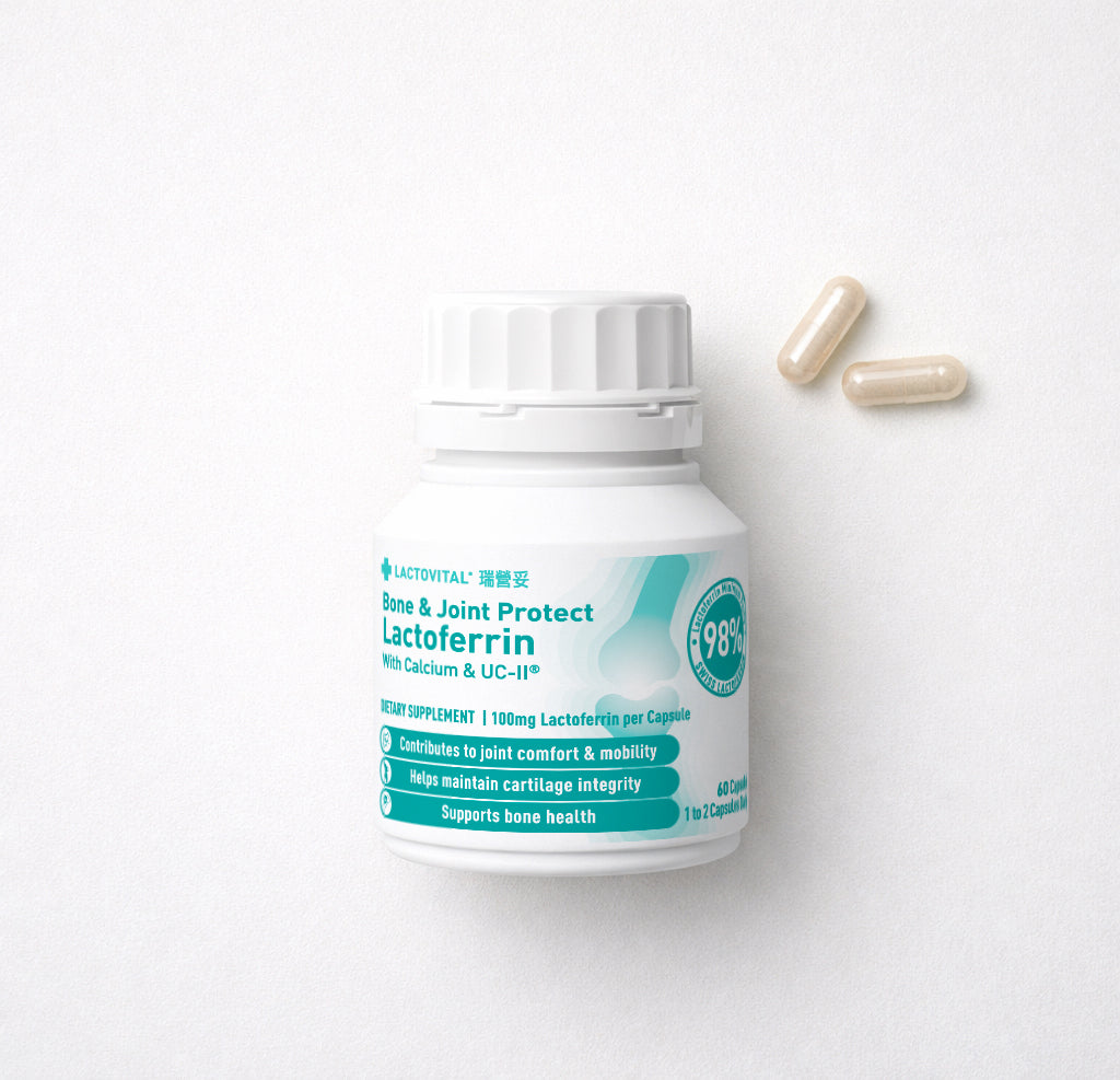 Bottle of Lactovital Lactoferrin Bone & Joint support supplement with capsules on a white background