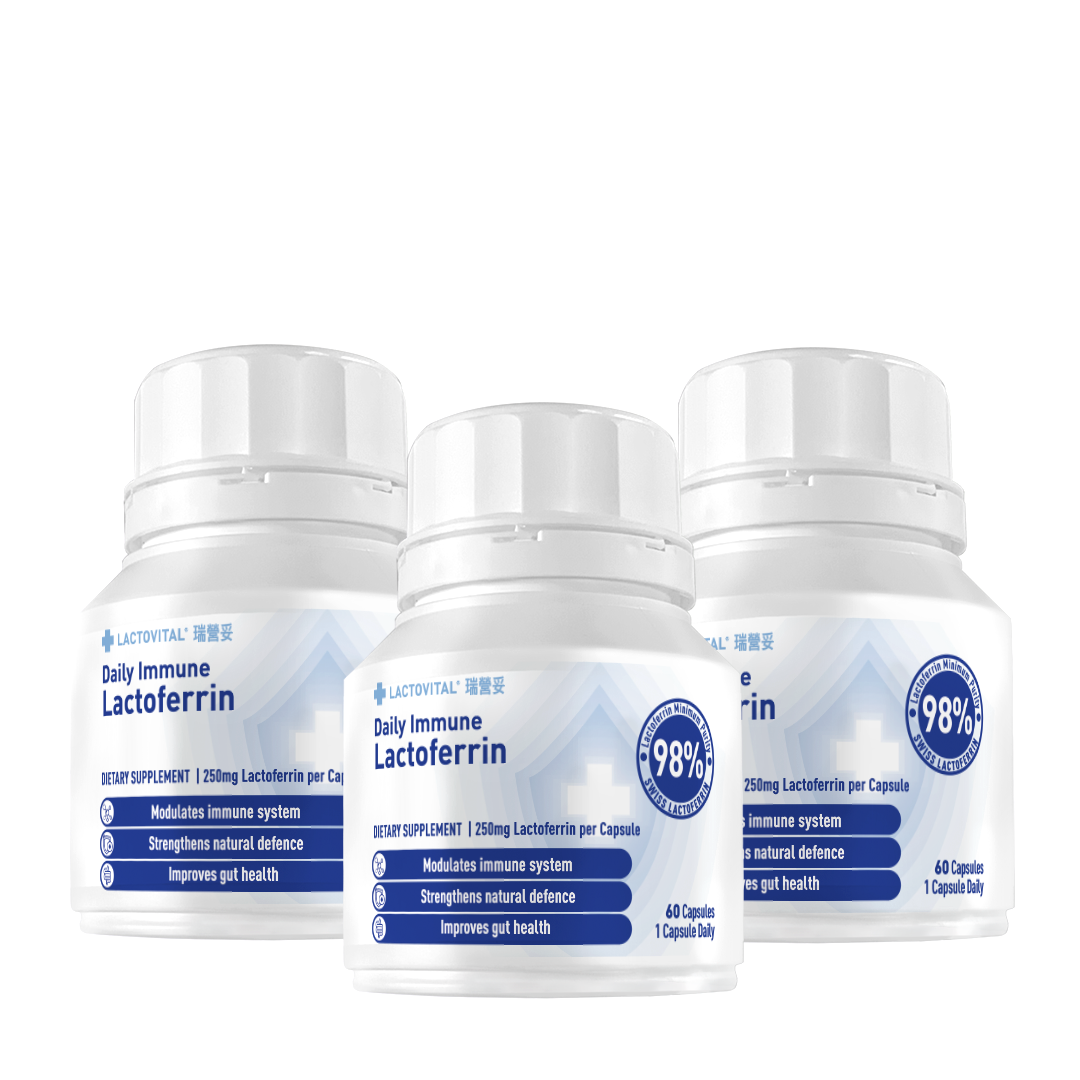 6 months package - Three bottles of Lactovital Daily Immune Lactoferrin supplement on a white background