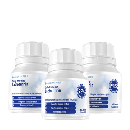 6 months package - Three bottles of Lactovital Daily Immune Lactoferrin supplement on a white background